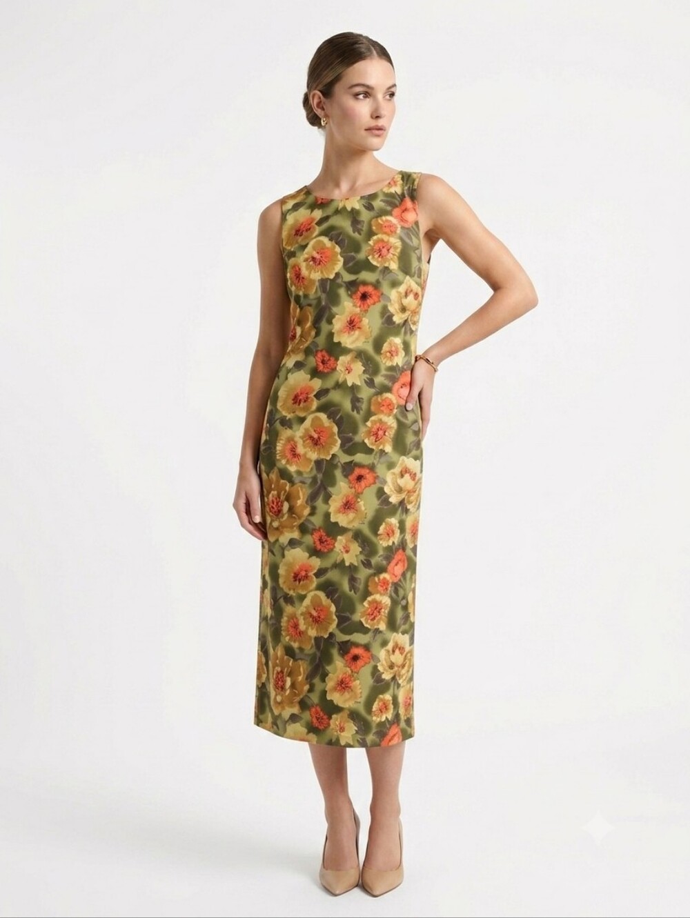 Casual Corner Vintage Watercolor Floral 100% Silk Midi Dress Size 2 Back Slit